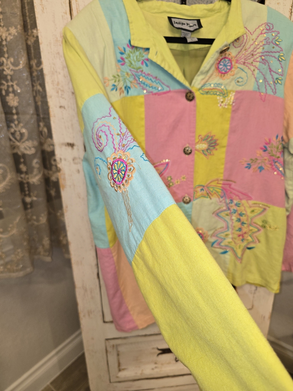 Indigo Moon Pastel Patchwork Embroidered Button Front Jacket - Picture 6 of 14